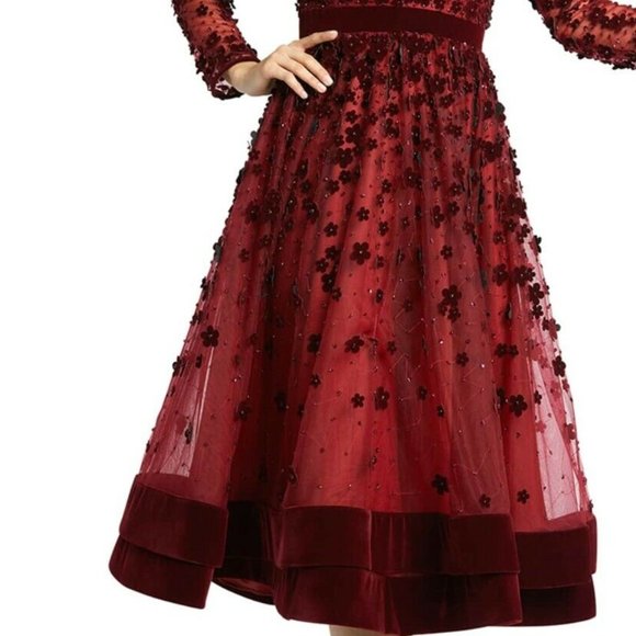 Mac Duggal Floral Applique Cocktail Dress Dark Red Burgundy Velvet Mesh 14 - Picture 4 of 7